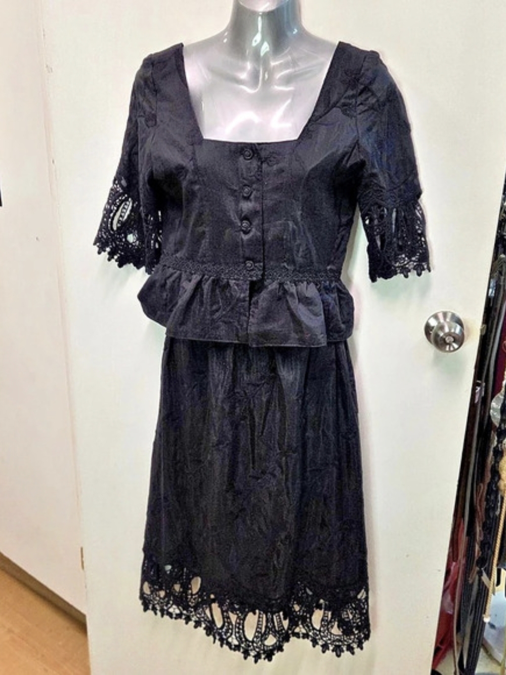 VTG 1980s Black Cotton Prairie Peplum Dress Crochet Lace Cutout Gothic Midi